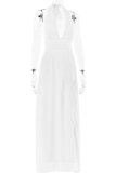 Sexy Solid Color Backless Slit Belted Halter Long Dresses