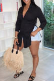 Casual Solid Color Buckle Patchwork Slit Shirt Collar Tops