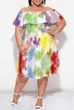 Elegant Gradient Print Ruffle Off Shoulder Printed Plus Size Dresses