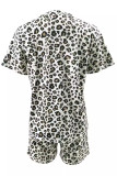 Casual Leopard Print Patchwork O Neck Half Sleeve Two Pieces