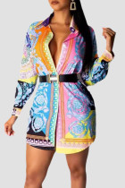 Casual Print Buttons Patchwork Turndown Collar Tops