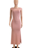 Elegant Solid Patchwork Backless O Neck Long Dresses