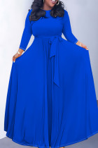 Casual Solid Color Belted O Neck Long Dresses