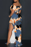 Sexy Colorblock Print Slit Contrast Off Shoulder Printed Dresses