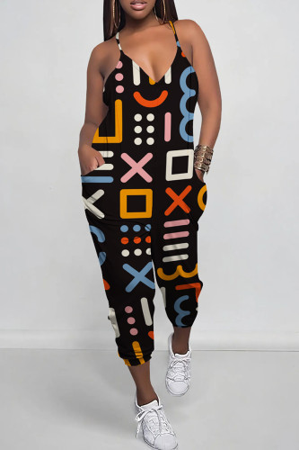 Casual Print Patchwork Spaghetti Strap Regular Jumpsuits