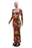 Sexy Print Hollow Out Belted Halter Two Pieces