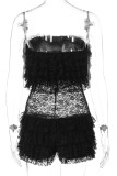Sexy Solid Color Lace Patchwork See-Through Mesh Strapless Skinny Rompers