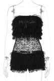 Sexy Solid Color Lace Patchwork See-Through Mesh Strapless Skinny Rompers