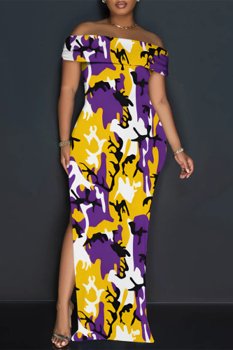 Sexy Colorblock Print Slit Contrast Off Shoulder Printed Dresses