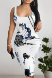 Sexy Faux Denim Print Contrast U Neck Printed Dresses