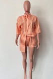 Casual Striped Print Buttons Shirt Collar Three Quarter Two Pieces