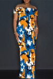 Sexy Colorblock Print Slit Contrast Off Shoulder Printed Dresses
