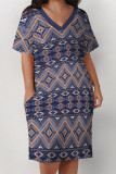 Casual Geometric Print Pocket Contrast V Neck Printed Plus Size Dresses