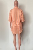 Casual Striped Print Buttons Shirt Collar Three Quarter Two Pieces