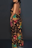 Sexy Casual Print Lace Up Backless Halter Bodycon Jumpsuits