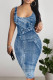 Sexy Faux Denim Print Contrast U Neck Printed Dresses