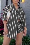 Casual Striped Print Buttons Shirt Collar Three Quarter Two Pieces