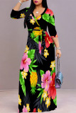 Elegant Floral Print Lace Up V Neck Printed Dresses