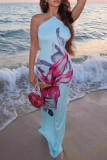 Sexy Print Patchwork Backless Spaghetti Strap Sling Dresses