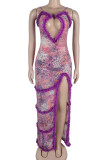 Elegant Print Hollowed Out Patchwork See-through High Opening Mesh Spaghetti Strap Sling Dresses