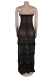 Elegant Print Hollowed Out Patchwork See-through High Opening Mesh Spaghetti Strap Sling Dresses