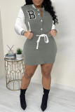 Casual Letters Lace Up Buckle Patchwork O Neck Wrapped Skirt Dresses