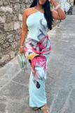 Sexy Print Patchwork Backless Spaghetti Strap Sling Dresses