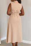 Elegant Solid Color Pocket Buckle Patchwork Turndown Collar Long Dresses