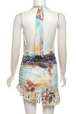 Sexy Print Patchwork Ruched Deep V Neck Wrapped Skirt Dresses