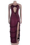 Elegant Print Hollowed Out Patchwork See-through High Opening Mesh Spaghetti Strap Sling Dresses