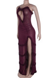 Elegant Print Hollowed Out Patchwork See-through High Opening Mesh Spaghetti Strap Sling Dresses