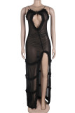 Elegant Print Hollowed Out Patchwork See-through High Opening Mesh Spaghetti Strap Sling Dresses