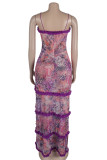 Elegant Print Hollowed Out Patchwork See-through High Opening Mesh Spaghetti Strap Sling Dresses