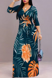 Elegant Floral Print Lace Up V Neck Printed Dresses