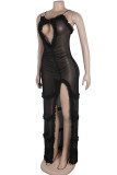 Elegant Print Hollowed Out Patchwork See-through High Opening Mesh Spaghetti Strap Sling Dresses