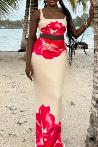 Elegant Print Patchwork Backless Square Neck Sleeveless Two Pieces
