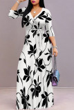 Elegant Flowers Print Lace Up V Neck Printed Dresses
