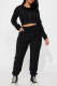 Casual Solid Color Draw String Pocket Patchwork Zipper Hooded Long Sleeve Two Pieces