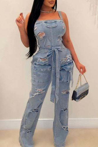 Casual Solid Color Ripped Backless With Belt Spaghetti Strap Sleeveless Bodycon Denim Jumpsuits