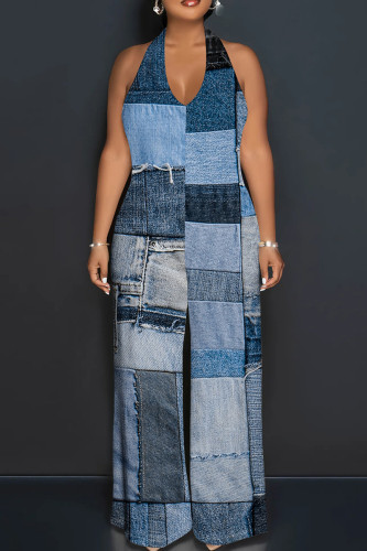 Sexy Print Patchwork Backless Halter Loose Jumpsuits
