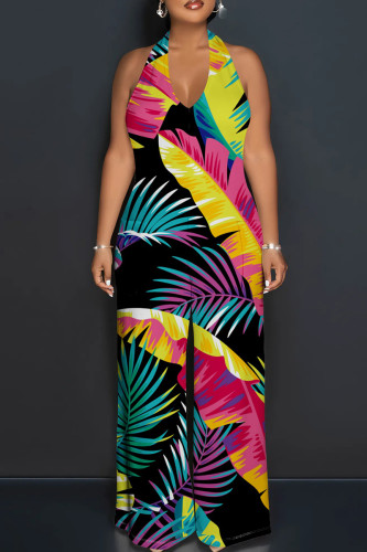 Elegant Print Patchwork Backless Halter Loose Jumpsuits