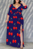 Elegant Floral Print Lace Up Slit V Neck Printed Plus Size Dresses