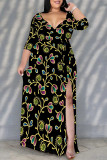 Elegant Floral Print Lace Up Slit V Neck Printed Plus Size Dresses
