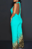 Casual Print Backless Belted Halter Fitted Jumpsuits