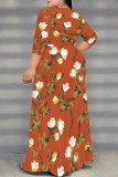 Elegant Floral Print Lace Up Slit V Neck Printed Plus Size Dresses