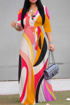 Elegant Geometric Print Lace Up V Neck Printed Dresses