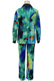 Casual Print Buckle Patchwork Ruched Turndown Collar Long Sleeve Two Pieces
