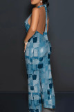 Casual Print Backless Belted Halter Fitted Jumpsuits