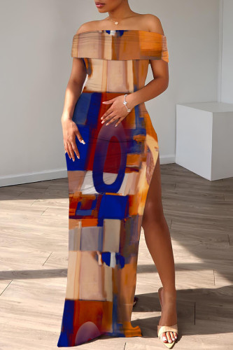 Casual Print Patchwork Slit Off Shoulder Long Dresses