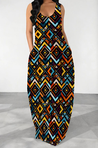 Casual Geometric Print Pocket Contrast U Neck Printed Dresses